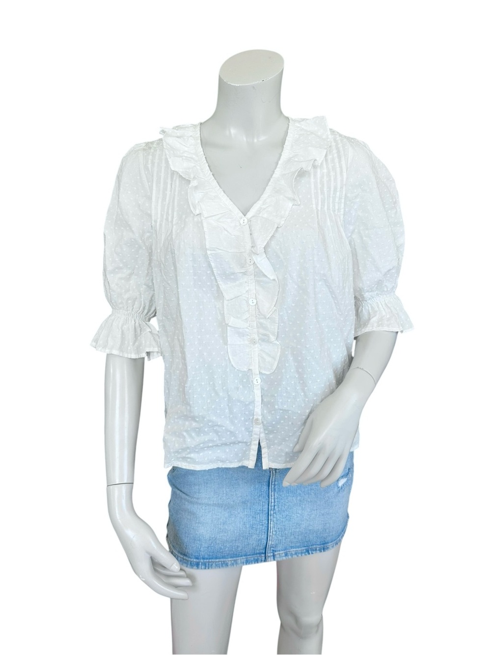 Paneros Chloe Cotton Ruffle Swiss Dot Romantic Button Down Blouse Size XS